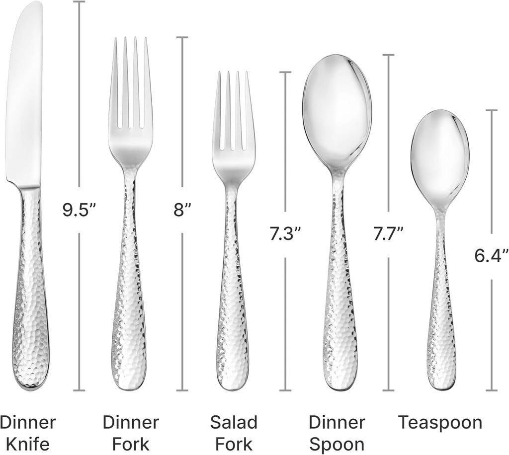 Premium 40-Piece Hammered Silverware Set, 18/10 Stainless Steel