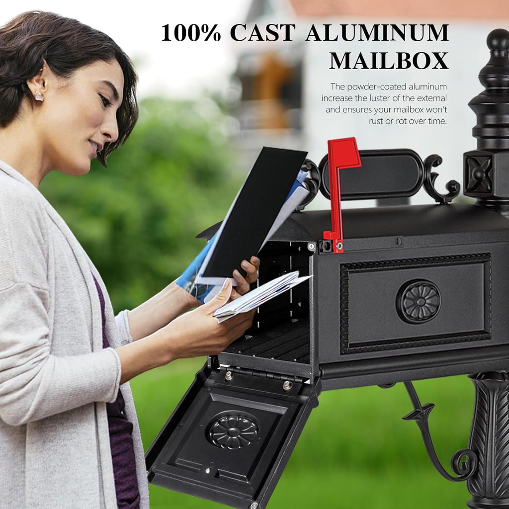 Heavy Duty Mailbox Classic Decorative Cast Aluminum Mail Box Postal Vertical Pedestal (Black)