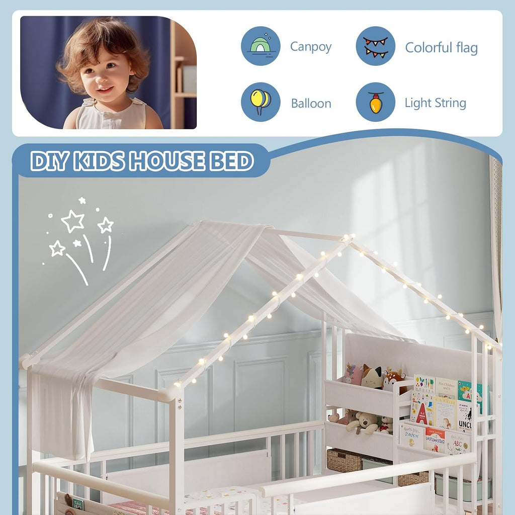 Twin Montessori Floor Bed with Storage Bookshelf and Globe String Lights House Shaped Floor Bed for Kids with Safety