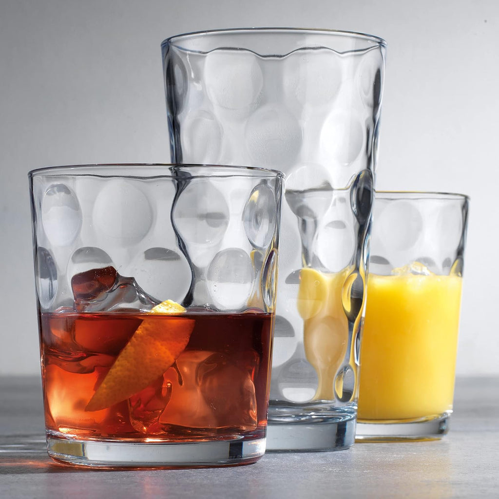 Glassware Set 18 Piece Mixed Drinkware Set. 6 Highball Tumblers-17 oz., 6 Rock Whiskey-13 oz., and 6 Juice-7 oz. All