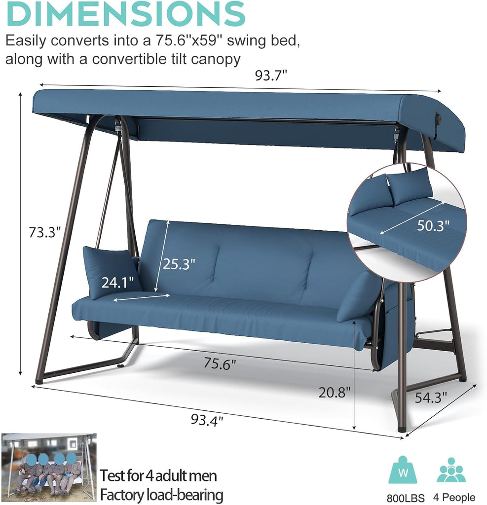3-4 Seat Oversized Outdoor Porch Swing with Adjustable Backrest Canopy,2-in 1 Swing Bed with Stand 800 lbs
