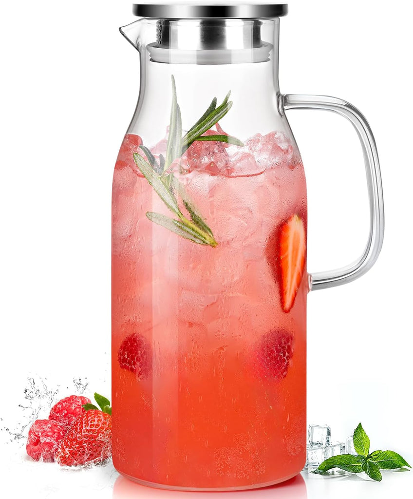 LUNA&MANTHA Glass Pitcher, 2 Liter 68oz Water Pitcher with Lid and Spout, Large Ice Tea Jug for Fridge, Thick Drink