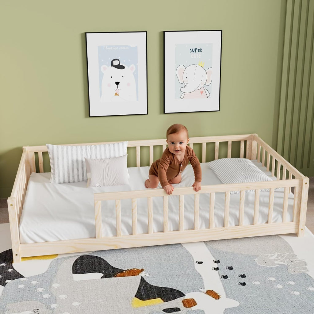 Twin Floor Bed for Kids Solid Wood Montessori Bed Frame with Safety Guardrails Multifunctional Montessori Floor Bed
