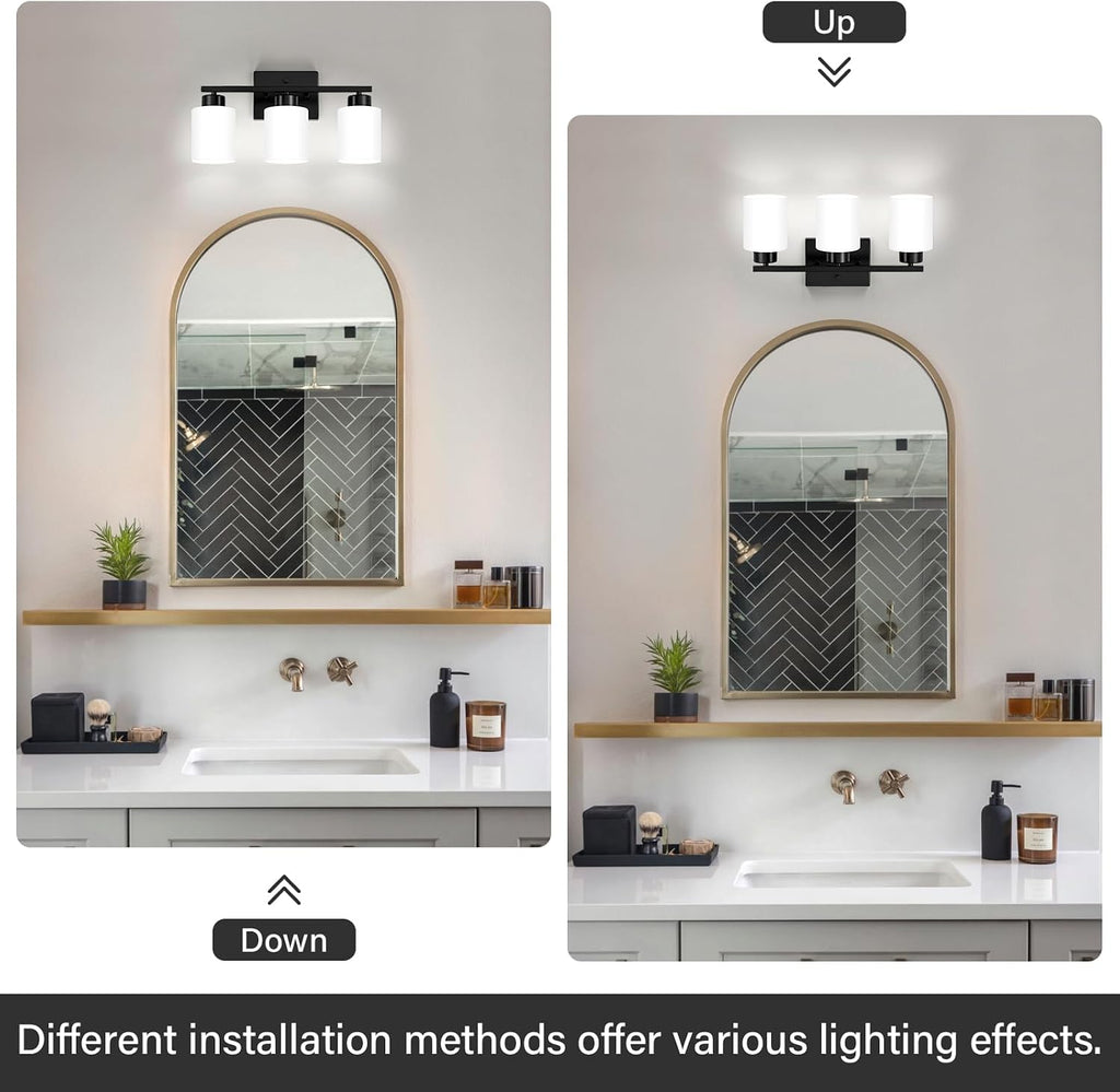 Black Bathroom Light Fixtures Vanity Lights Over Mirror | Modern 3-Light lighting fixtures with Milky White Frosted
