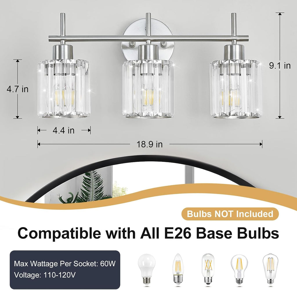 Brushed Nickel 3-Light Crystal Bathroom Vanity Light Fixtures, Round | Vanity Lights , Modern Bathroom Lighting