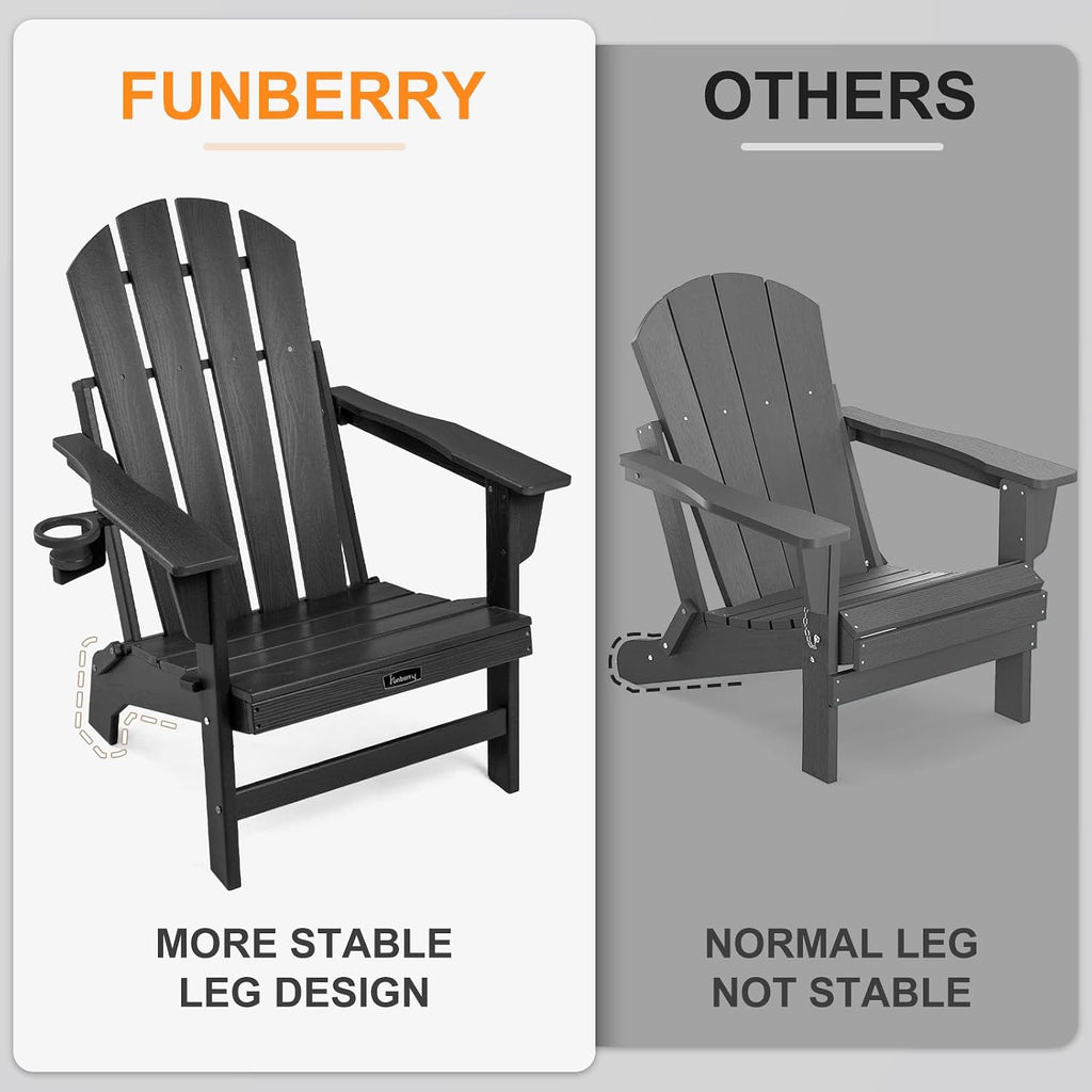 Folding Adirondack Chairs Set of 4, Fire Pit Chairs with Cupholder | Wood-Grain, Stable Gun-Leg, HDPE All Weather, No