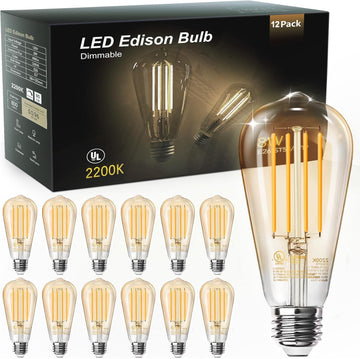12 Pack Vintage LED Edison Amber Light Bulbs, 60W Equivalent, Dimmable, 8W, 800 Lumens, 2200K Soft White, ST58, E26