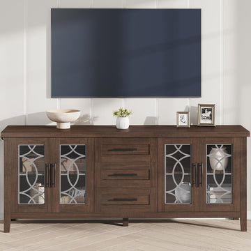 Farmhouse TV Stand with Glass Door for 70 Inch Tv, Mid Century Modern Entertainment Center for Living Room, Rustic