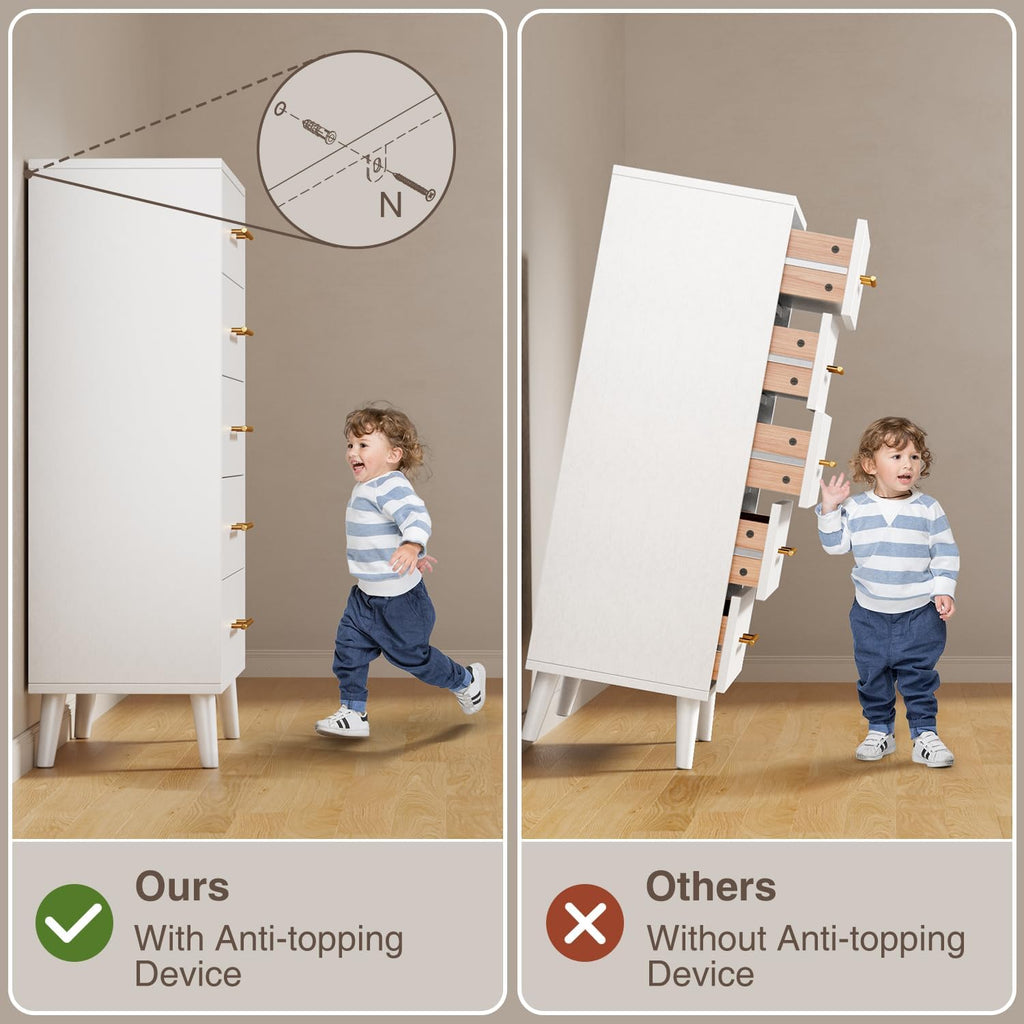 5 Drawer Dresser, Tall Dresser, White | Wood Dresser with Metal Handles for Organized Storage s, Hallways or Entryways