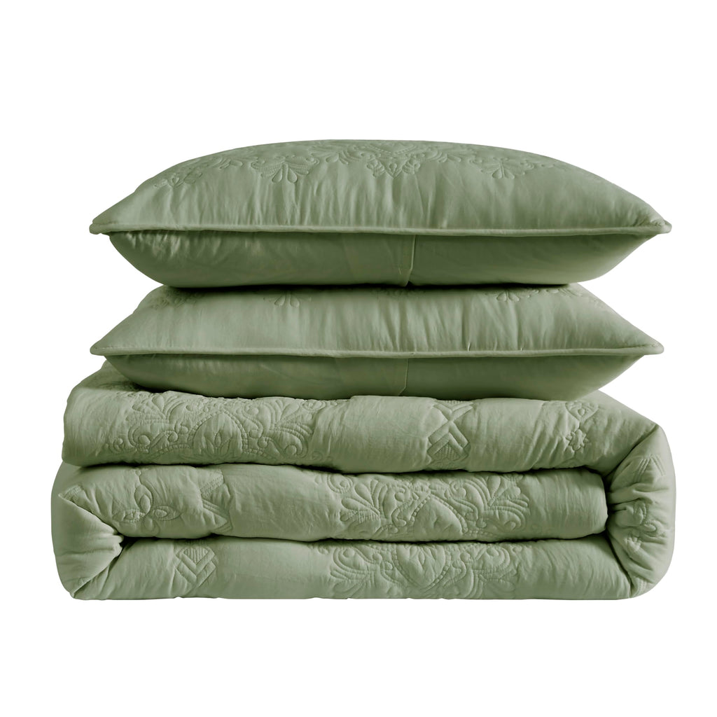 Boho Sage Green Quilt Queen Size Bedding Sets with Pillow Sham, Bohemian Lightweight Soft Bedspread Coverlet