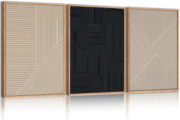 Large Abstract Textured Line Framed Canvas Wall Art, Boho Beige Black Wall Decor, Modern Neutral Minimalist Art