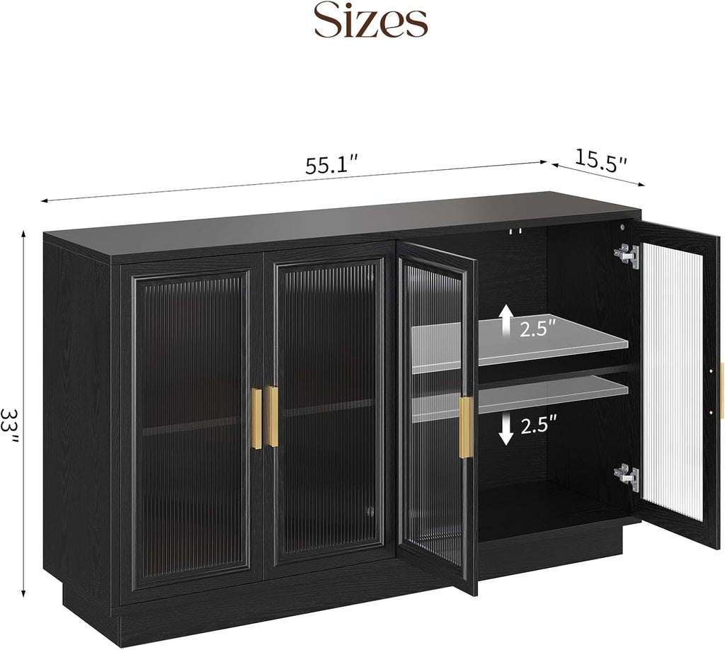 Sideboard Buffet Cabinet with Storage - 55.1" Wood Kitchen Cabinets with 4 Doors, Black Large Buffet Table