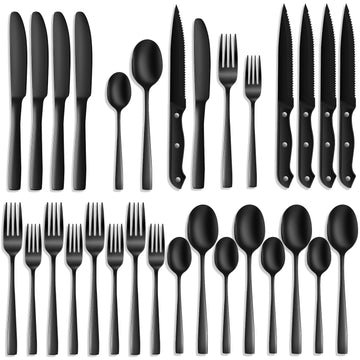 24-Piece Black Silverware Set for 4, Stainless Steel Flatware Set with Steak Knives & Utensil Sets - Mirror Finish