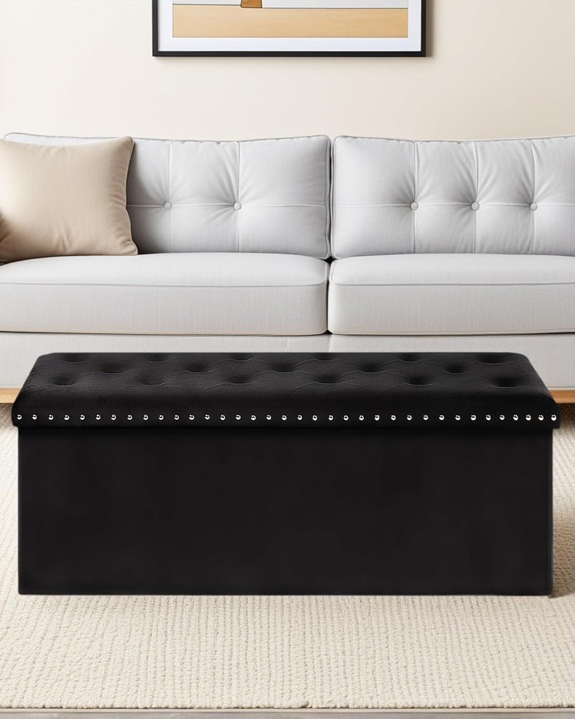 Velvet Storage Ottoman Bench, 43.3" Upholstered Tufted Ottoman with Storage, Folding Footrest Bench , or Entryway
