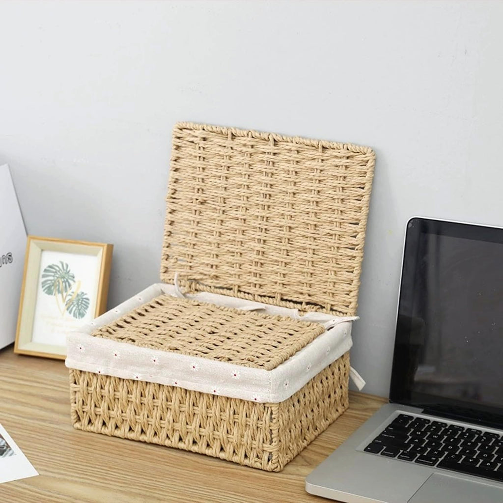 Small Wicker Storage Baskets with Lid/Liner Woven Cute Decorative Boxes | Boho Paper Rope Baskets for Shelves