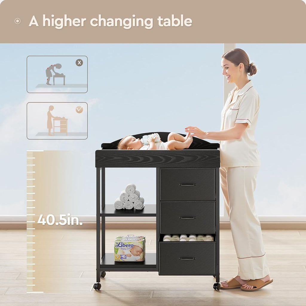 Changing Table, 3 Drawers&2 Shelves, Changing Table Dresser, Black | Baby Changing Table,Waterproof Diaper pad &
