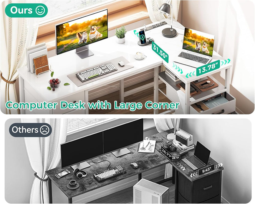 L Shaped Computer Desk with 6 Drawers & Power Outlet, 55 Inch Corner Desk with Reversible Storage Shelf & File Drawer