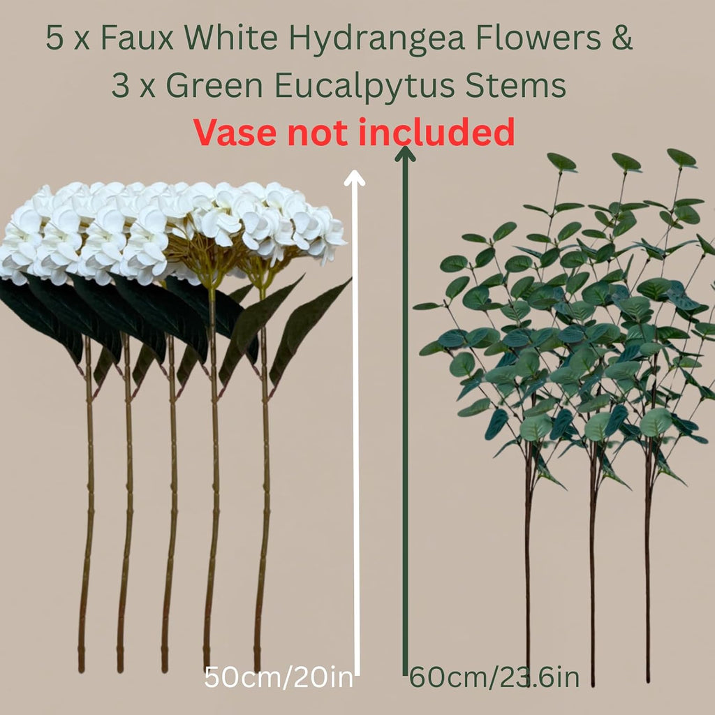 Real Touch White Faux Hydrangea And Eucalyptus Arrangement, Faux Floral Arrangements, Hyper Realistic Artificial