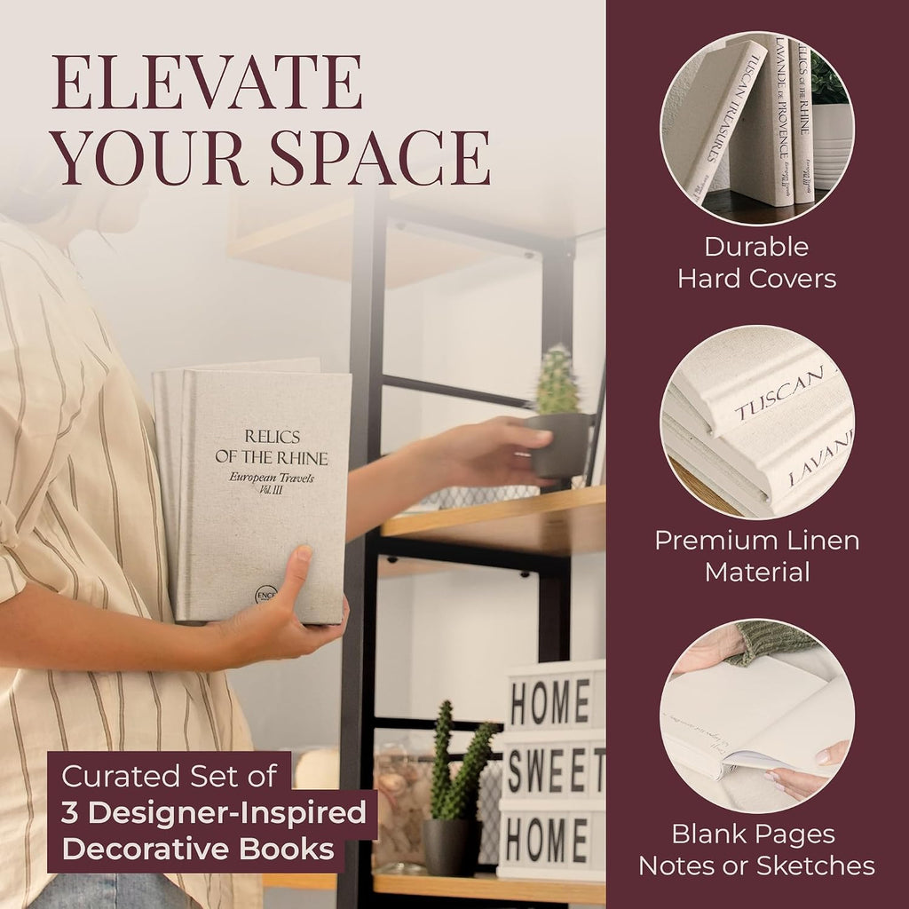 Decorative Books Decor Real Blank Pages Inside Set of 3 Designer-Inspired Faux Books with Beige Linen