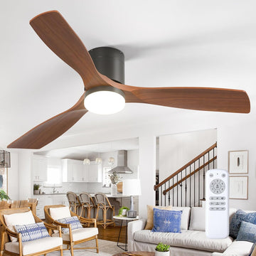 52 inch Ceiling Fans with Lights, Low Profile Ceiling Fan with Light and Remote Control, Flush Mount, Reversible, 3 Wood Blades, 5CCT Dimmable, Black Walnut Ceiling Fan for Indoor/Outdoor Use