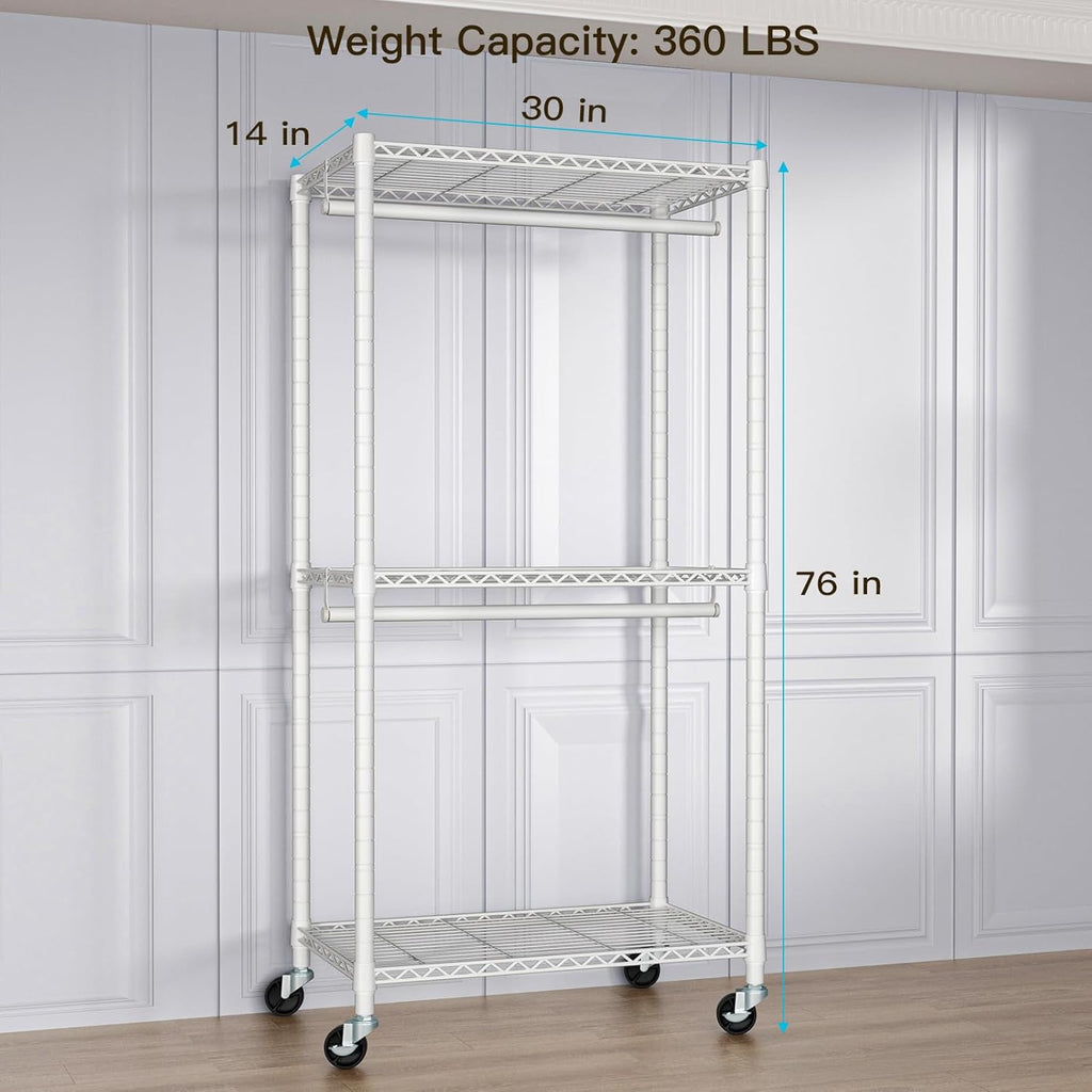 P1 Medium Heavy-Duty Portable Closet, 30" W x 14" D x 76" H, White | Metal Rolling Clothing Rack, Closet System with