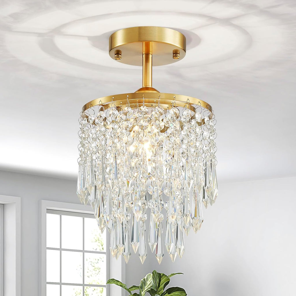 Gold Crystal Chandelier for Bedroom, Small Semi Flush Mount Ceiling Lighting Fixture for Dining Room, Modern Pendant Light for Foyer, Closet, Chandelier for Foyer, Closet, W8xL8XH13 A100-B0DQL896Q9