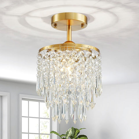 Gold Crystal Chandelier for Bedroom, Small Semi Flush Mount Ceiling Lighting Fixture for Dining Room, Modern Pendant Light for Foyer, Closet, Chandelier for Foyer, Closet, W8xL8XH13 A100-B0DQL896Q9