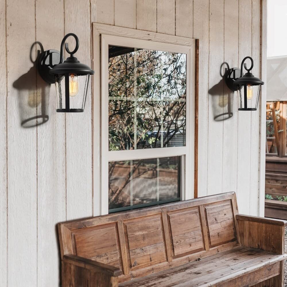 Black Outdoor Wall Light, Farmhouse Exterior Light Fixture Wall Mounted Sconce, Seeded Glass Outdoor Porch Lights