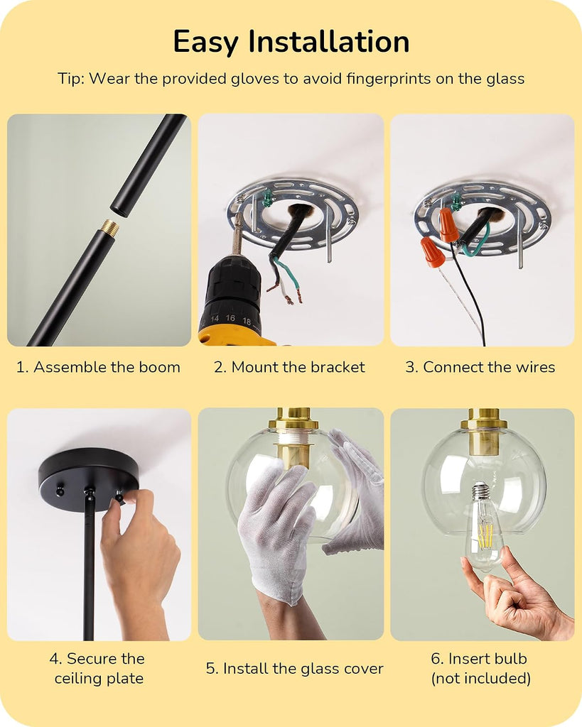 Mid Century Kitchen Pendant Lighting Over Island 2 Pack, Clear Glass Globe Shade, Hardwired Black and Gold Adjustable