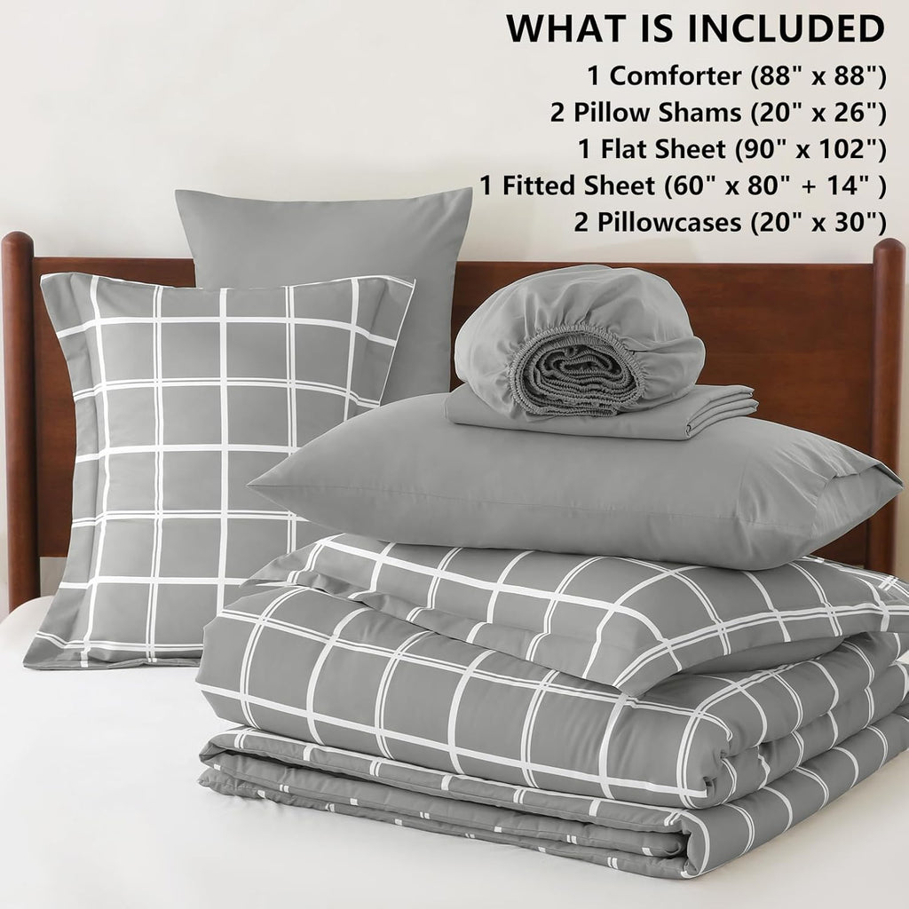 Queen Comforter Set with Sheets - 7 Pieces Plaid Bed in a Bag Set Grey