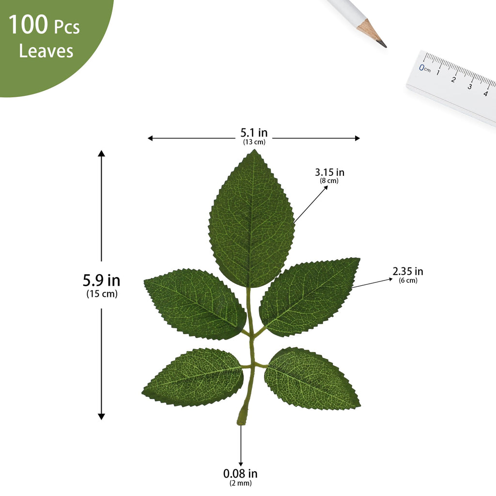 100 Pcs Artificial Rose Leaves Bulk (1 Stem 5 Large-Leaf Green)