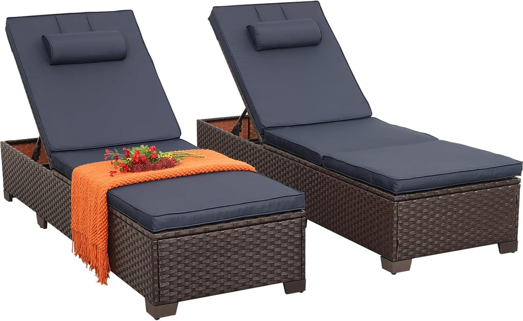 Outdoor Chaise Lounge Set of 2 Brown Wicker Patio Chaise Lounge Chairs Pool Lounge Chairs Multi-Angle Adjustable