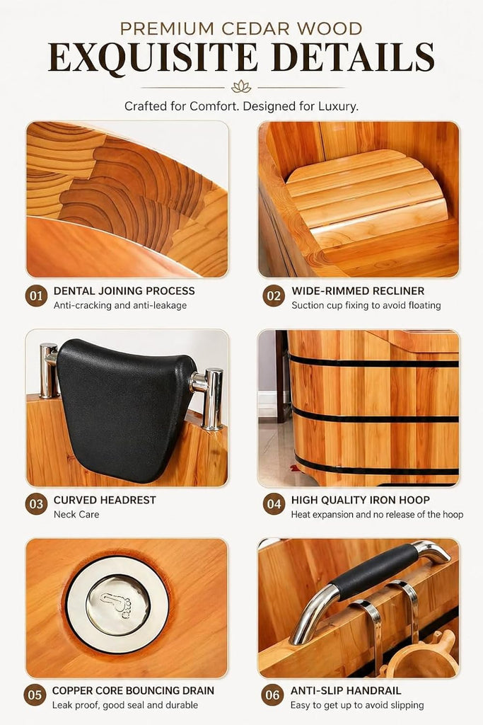Cedar Wood Soaking Tub for Adults, Freestanding Wooden Bathtub with Lid & Steamer, Deep Japanese Style Bath Tub with