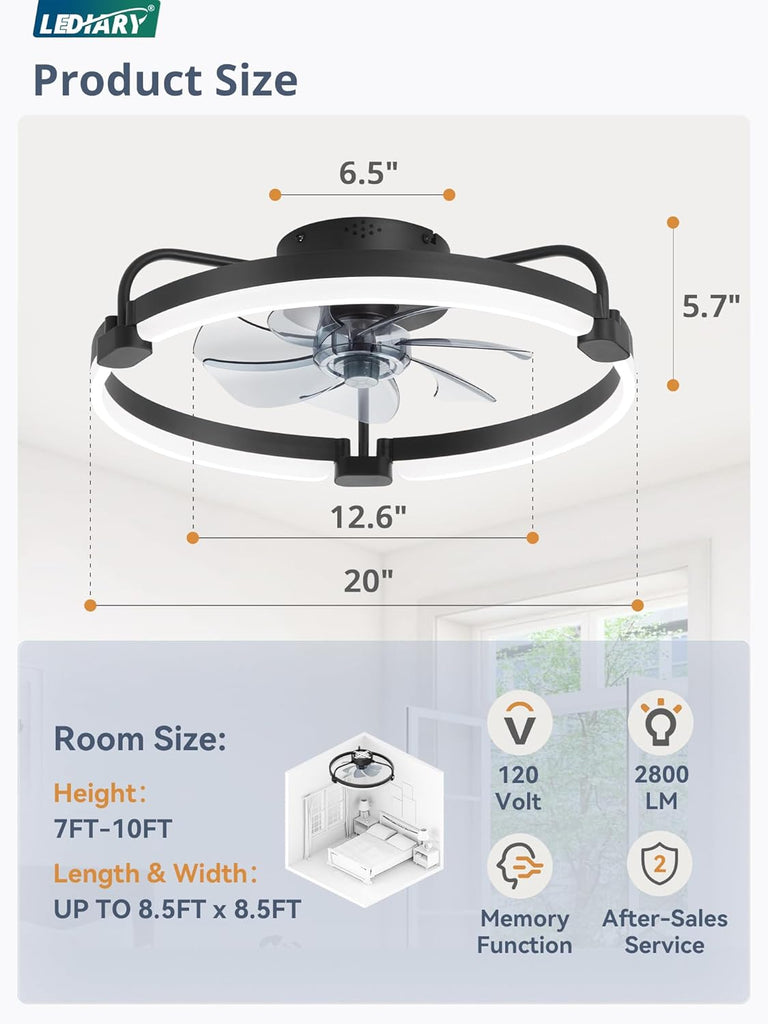 Ceiling Fans with Lights and Remote, 20'' Low Profile Ceiling Fan with Light