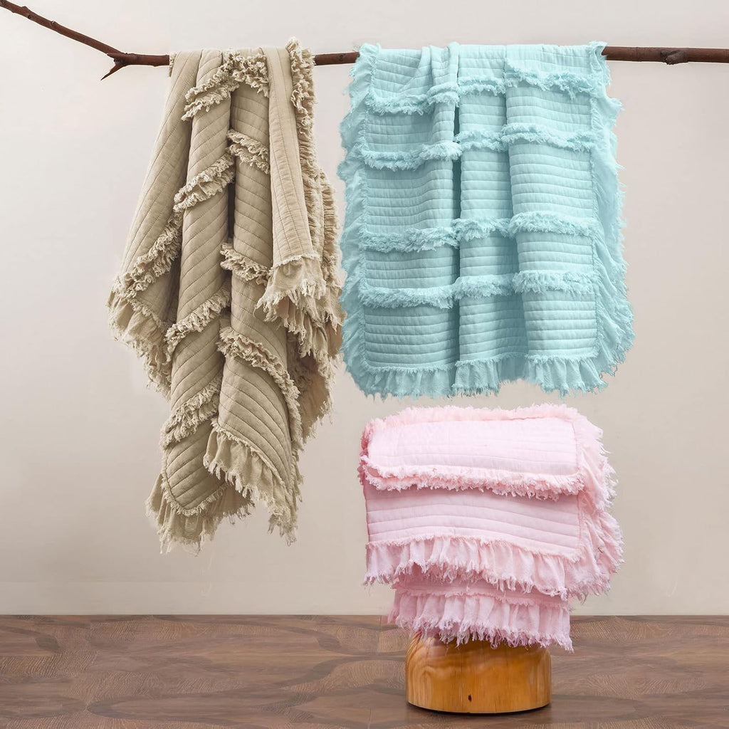Ultra Soft Pre-Washed Quilted Boho Throw Blanket, Ruffle Fringed Beige Decorative Throw, Stone Washed Chic Rustic