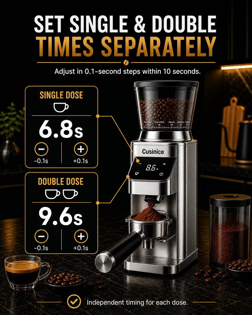 Conical Burr Coffee Grinder, Anti-Static, 0.1s Single/Double Shot Timer | 34 Grind Settings, Smart Memory, Custom