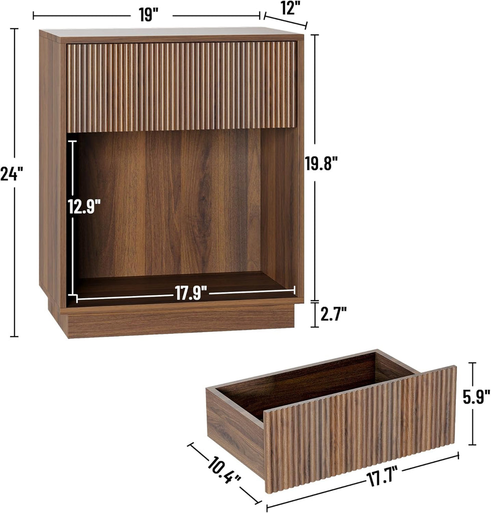 Fluted Nightstands Set of 2, Modern Bedside Table with Storage Drawer and Open Wood Shelf, Wood End Table Mid Century