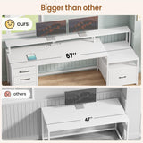 White Computer Desk with 5 Drawer & Power Outlet, 66'' Home Office Desk with File Drawer, Storage Shelves