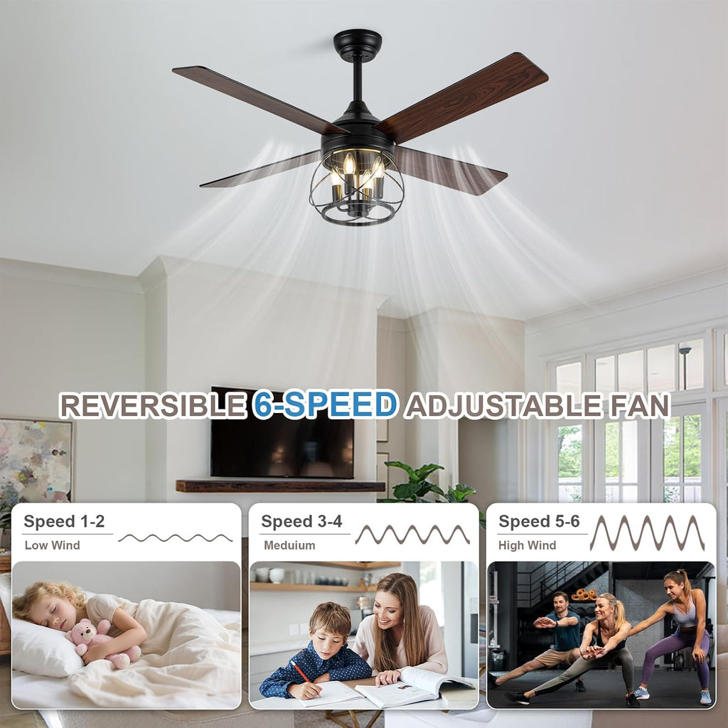 52 Inch Modern Farmhouse Ceiling Fan with Light - Industrial Caged Design