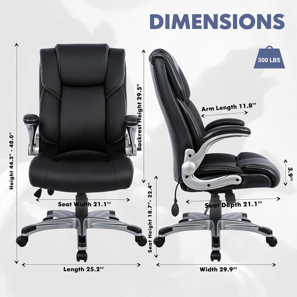 High Back Executive - Padded Leather Ergonomic Computer Desk Chair with Inflatable Lumbar Support & Flip-Up Arms