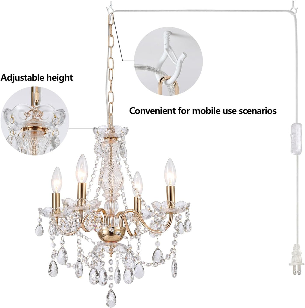 Plug in Crystal Chandelier,French Country Gold Crystals Chandelier Pendant Lighting