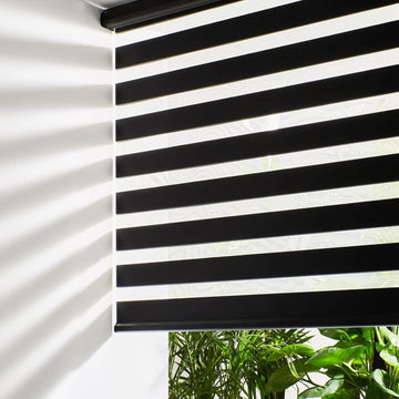 Cordless Zebra Blinds for Windows (34" W X 64" H, Black) Free-Stop Windows Shades Dual Layer Light Control for Day