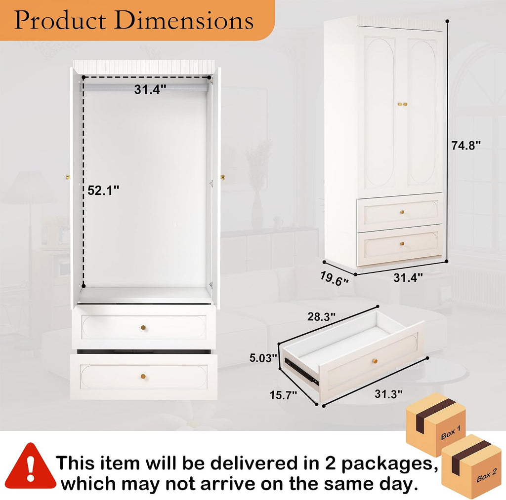 Wooden Wardrobe Closet with Doors: 75" Tall White Armoire Wardrobe Closet with 2 Drawers and 2 Doors, Modern Clothes