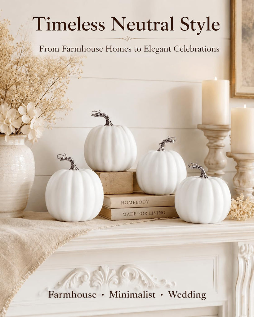 6 Inch White Artificial Pumpkins, 4 Pack