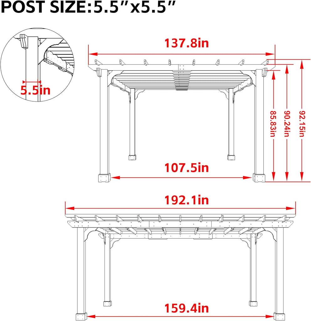 12 x16 FT Wooden Pergola, Cedar Wood Gazebo with Flat Roof, Outdoor Garden Shelter with Stakes Included