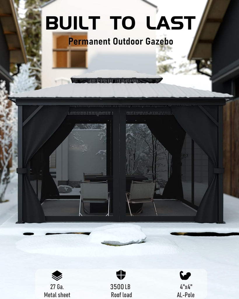 Hardtop Gazebo 12'x14' for All Weather, with Double Metal Roof, Aluminum Alloy Frame, Net, and Curtain