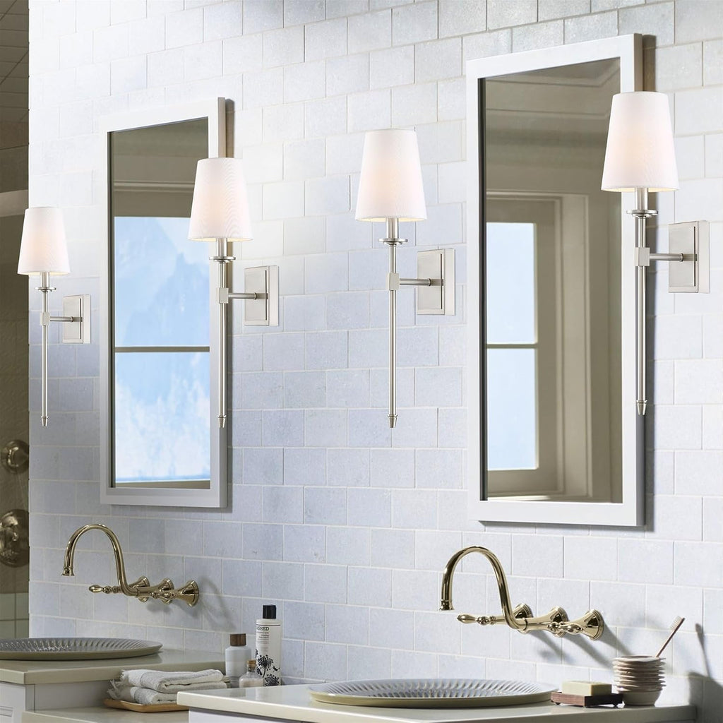 Torche 20" Mid Century Modern Wall Sconce Vanity | Tapered White Linen Shade, Silver Candle Wall Light with Elongated