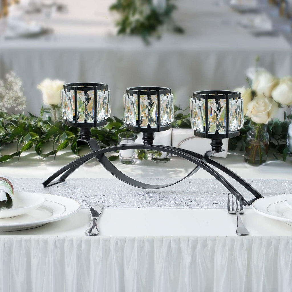 Black 3-Arm Crystal Candle Holders Arched - Elegant Tabletop Candelabra Centerpiece for Weddings, Dining Room Decor