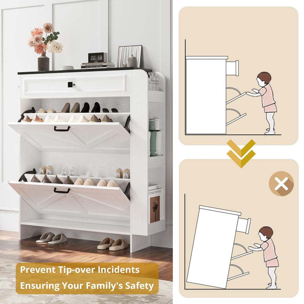 Shoe Storage Cabinet with 2 Flip Drawers & Barn Door, White/Black
