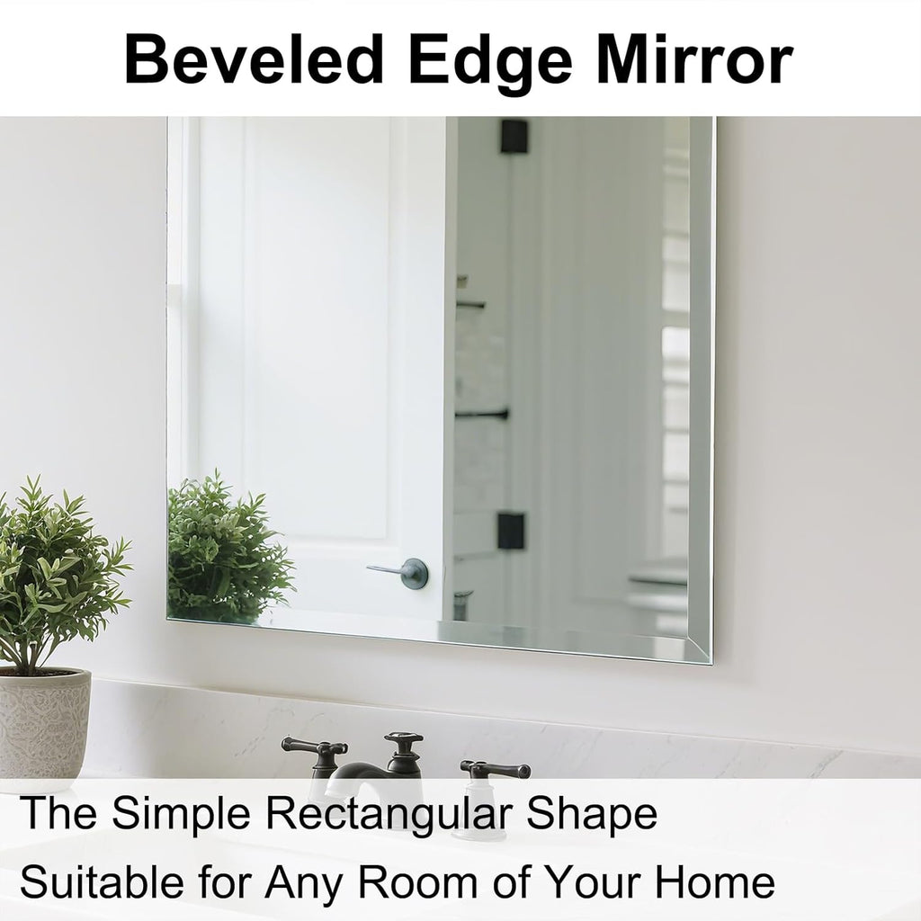 Frameless Bathroom Mirror for Wall, Rectangle Beveled Edge Mirror for Over Sink, Tempered Glass, Shatterproof, Hangs